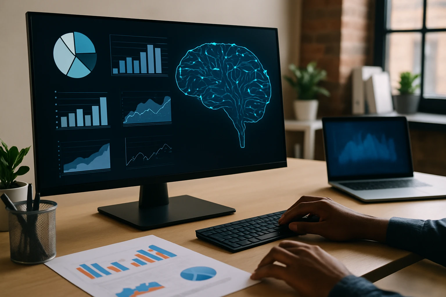 Analyst working with market research data supported by artificial intelligence tools